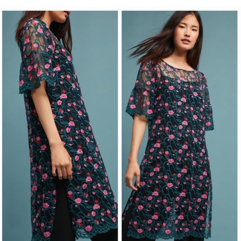 Moulinette Soeurs Teal and Pink Embroidered Tunic